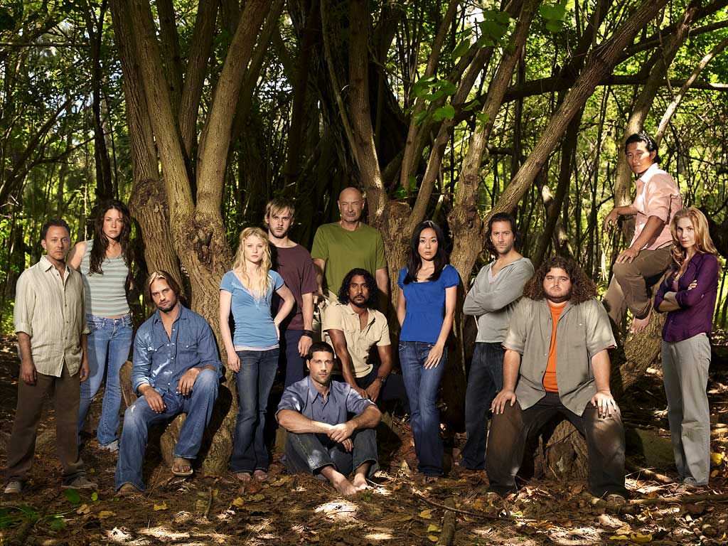 Our favorite survivors of Oceanic Flight 815; Hurley is on the far right with the orange undershirt.